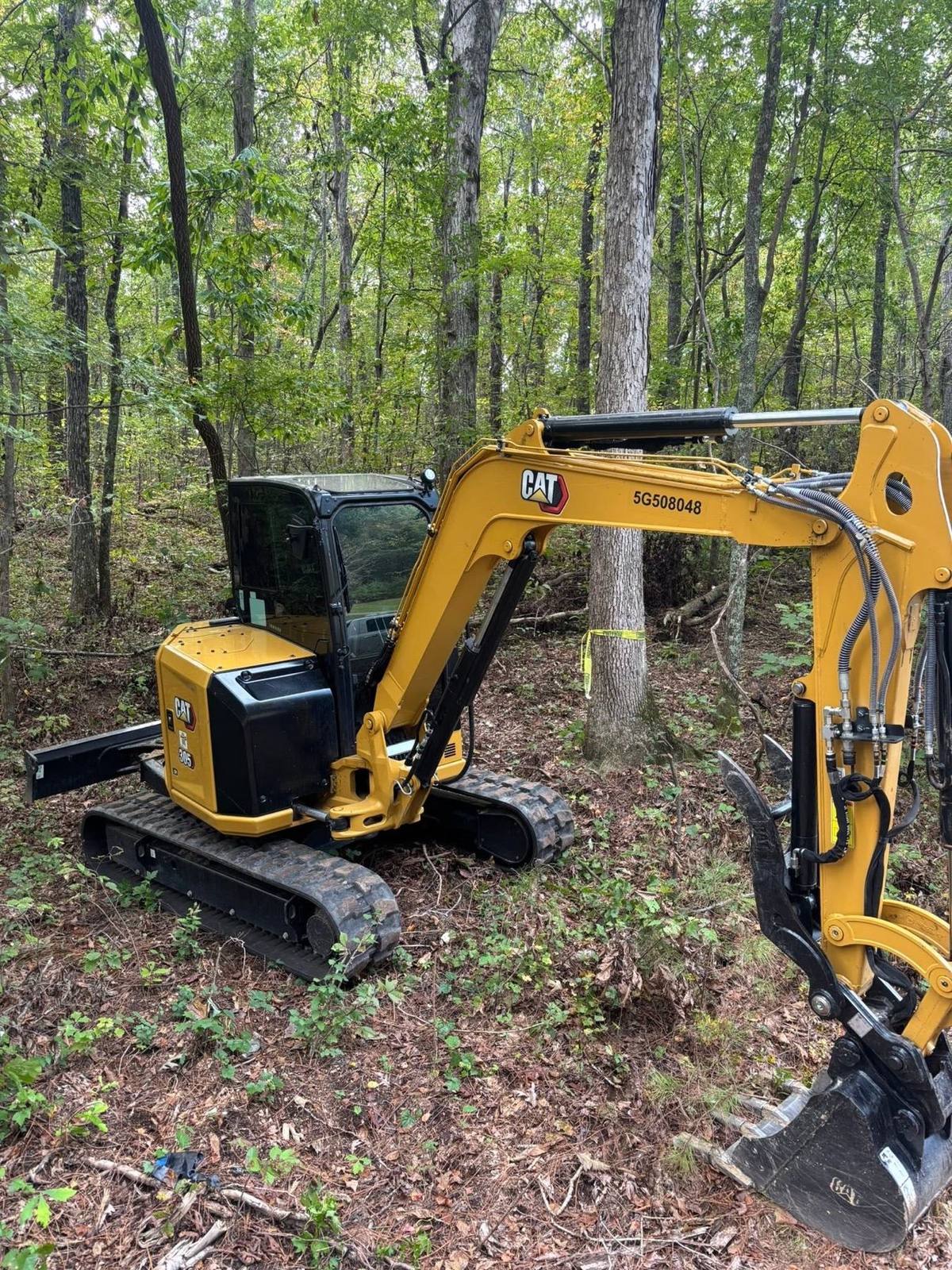 Excavator clearing a wooded lot